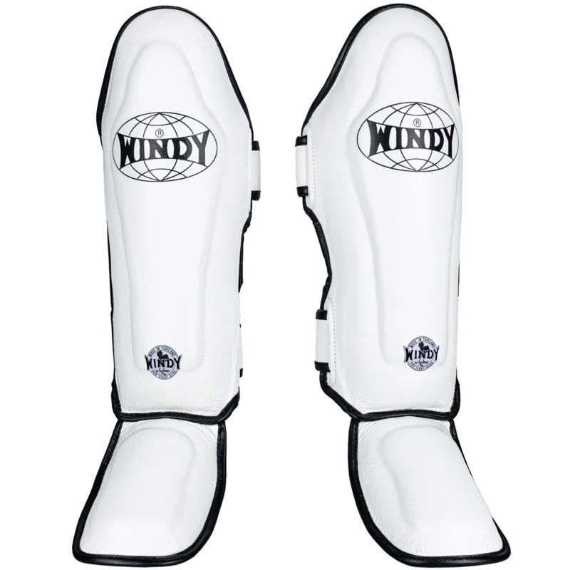 Windy Leather Muay-Thai Shinguards in White-Black front view