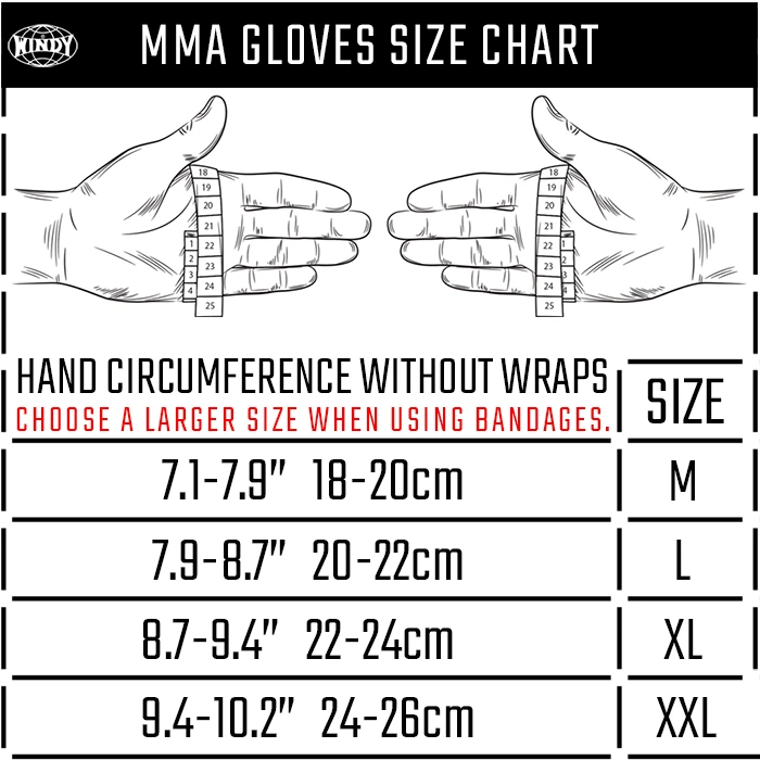 Windy MMA gloves size chart