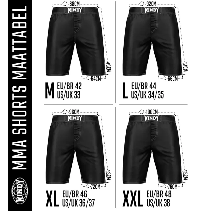 Windy MMA shorts size chart