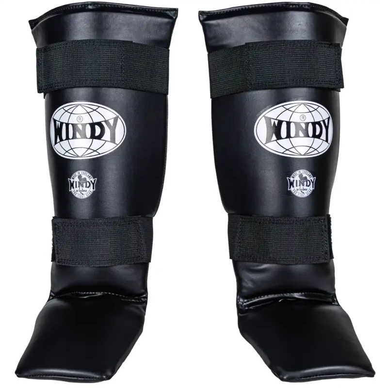 Windy Kickboxing Shin Guards in Black front view